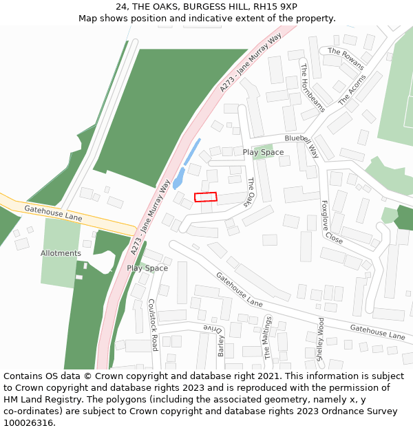 24, THE OAKS, BURGESS HILL, RH15 9XP: Location map and indicative extent of plot