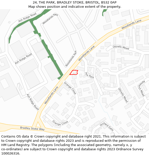 24, THE PARK, BRADLEY STOKE, BRISTOL, BS32 0AP: Location map and indicative extent of plot