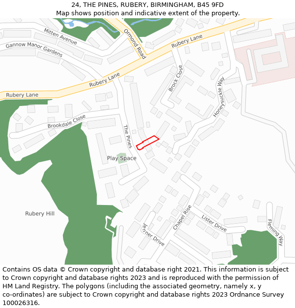 24, THE PINES, RUBERY, BIRMINGHAM, B45 9FD: Location map and indicative extent of plot