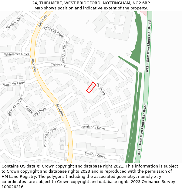 24, THIRLMERE, WEST BRIDGFORD, NOTTINGHAM, NG2 6RP: Location map and indicative extent of plot