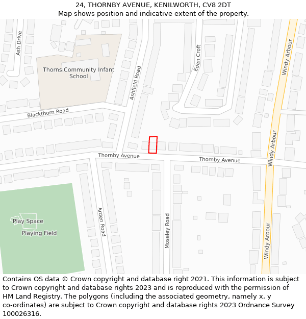 24, THORNBY AVENUE, KENILWORTH, CV8 2DT: Location map and indicative extent of plot