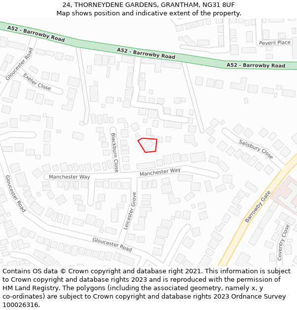 24, THORNEYDENE GARDENS, GRANTHAM, NG31 8UF: Location map and indicative extent of plot