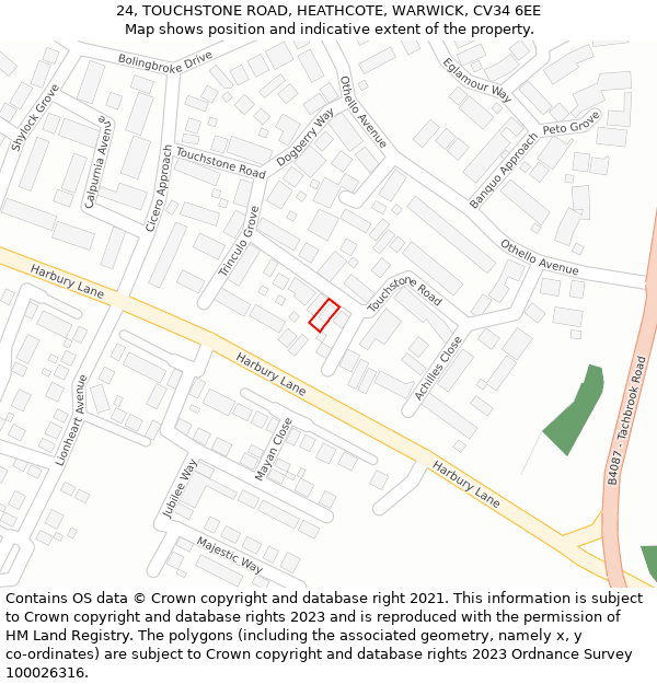 24, TOUCHSTONE ROAD, HEATHCOTE, WARWICK, CV34 6EE: Location map and indicative extent of plot