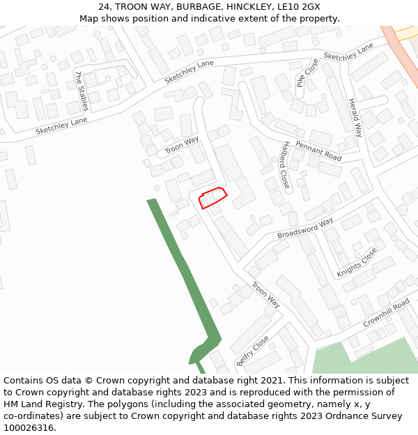 24, TROON WAY, BURBAGE, HINCKLEY, LE10 2GX: Location map and indicative extent of plot