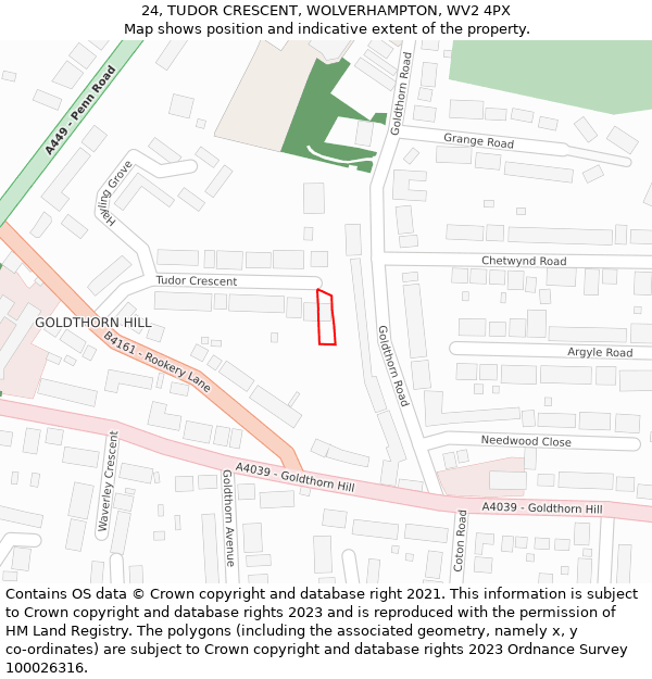 24, TUDOR CRESCENT, WOLVERHAMPTON, WV2 4PX: Location map and indicative extent of plot