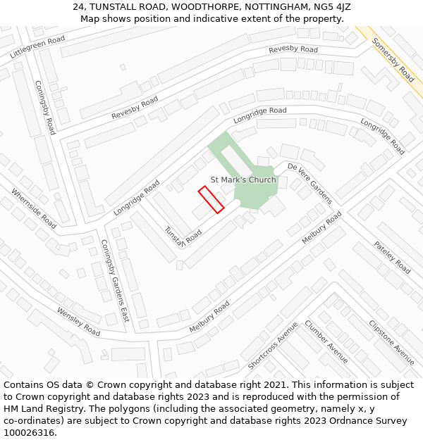 24, TUNSTALL ROAD, WOODTHORPE, NOTTINGHAM, NG5 4JZ: Location map and indicative extent of plot