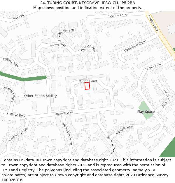 24, TURING COURT, KESGRAVE, IPSWICH, IP5 2BA: Location map and indicative extent of plot