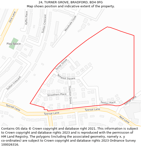 24, TURNER GROVE, BRADFORD, BD4 0FG: Location map and indicative extent of plot