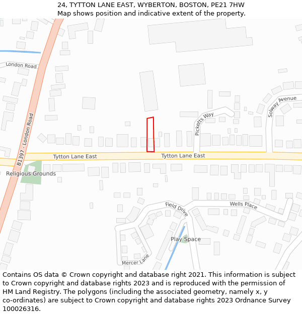 24, TYTTON LANE EAST, WYBERTON, BOSTON, PE21 7HW: Location map and indicative extent of plot