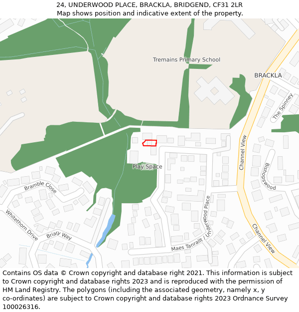 24, UNDERWOOD PLACE, BRACKLA, BRIDGEND, CF31 2LR: Location map and indicative extent of plot