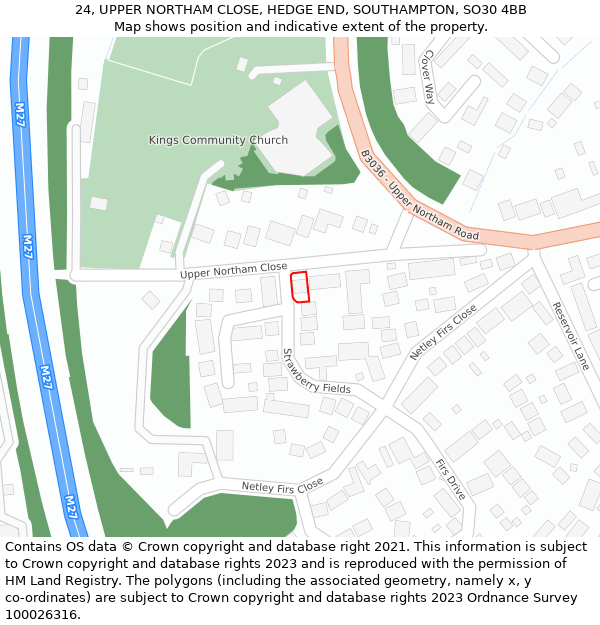 24, UPPER NORTHAM CLOSE, HEDGE END, SOUTHAMPTON, SO30 4BB: Location map and indicative extent of plot