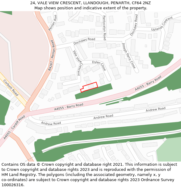 24, VALE VIEW CRESCENT, LLANDOUGH, PENARTH, CF64 2NZ: Location map and indicative extent of plot