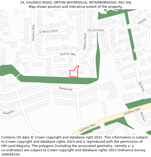 24, VALENCE ROAD, ORTON WATERVILLE, PETERBOROUGH, PE2 5HJ: Location map and indicative extent of plot