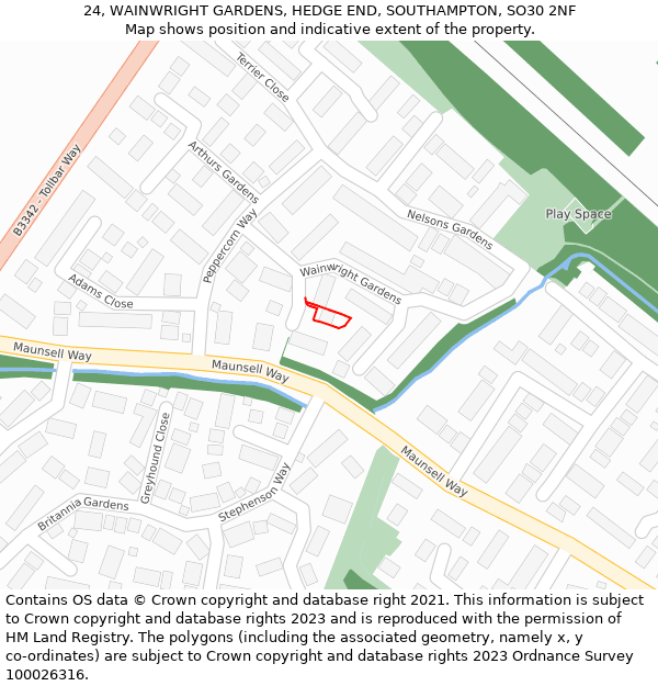 24, WAINWRIGHT GARDENS, HEDGE END, SOUTHAMPTON, SO30 2NF: Location map and indicative extent of plot