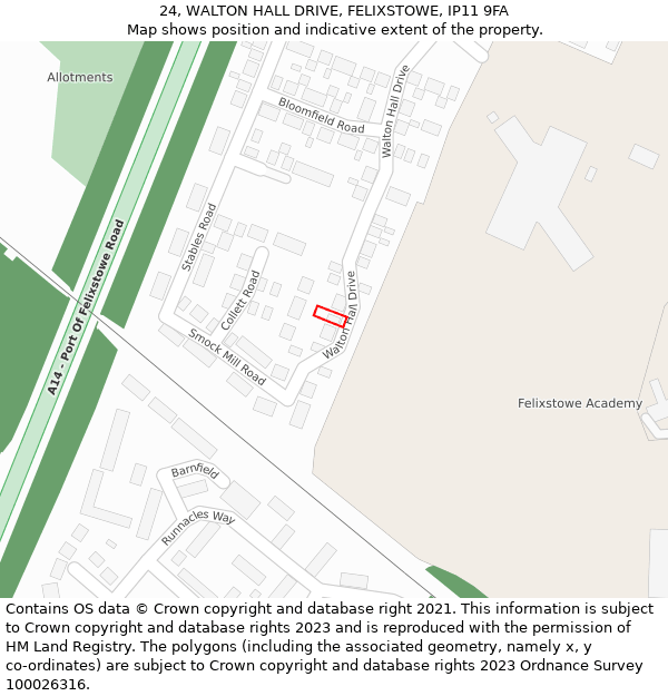 24, WALTON HALL DRIVE, FELIXSTOWE, IP11 9FA: Location map and indicative extent of plot