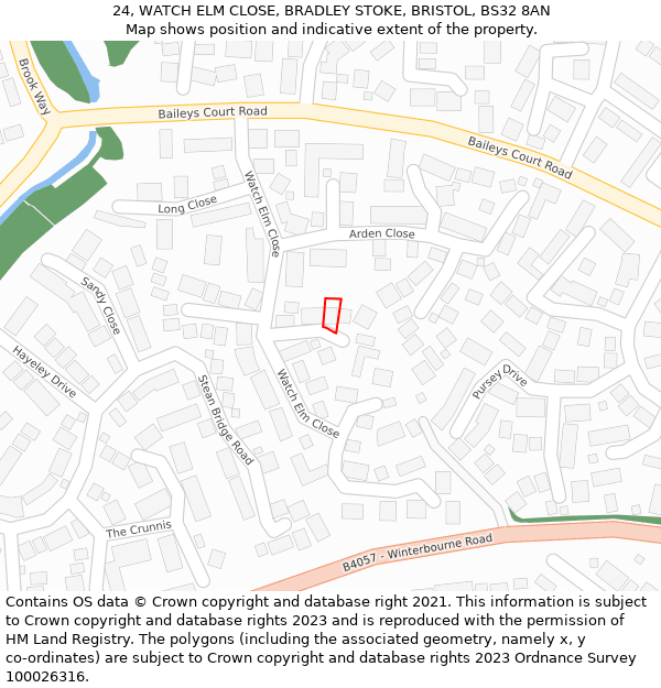 24, WATCH ELM CLOSE, BRADLEY STOKE, BRISTOL, BS32 8AN: Location map and indicative extent of plot