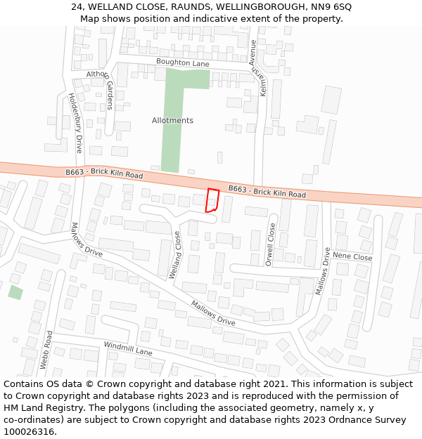 24, WELLAND CLOSE, RAUNDS, WELLINGBOROUGH, NN9 6SQ: Location map and indicative extent of plot