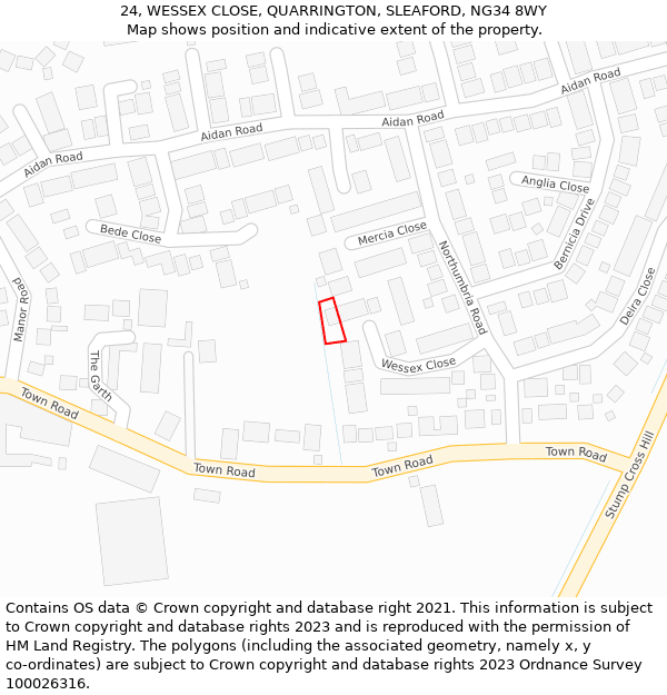 24, WESSEX CLOSE, QUARRINGTON, SLEAFORD, NG34 8WY: Location map and indicative extent of plot
