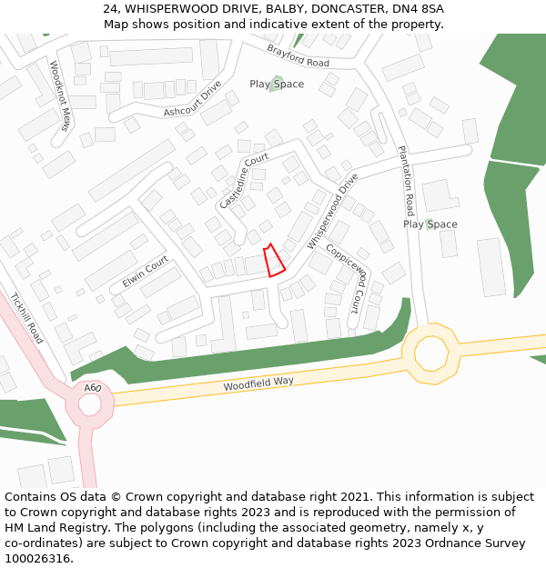 24, WHISPERWOOD DRIVE, BALBY, DONCASTER, DN4 8SA: Location map and indicative extent of plot