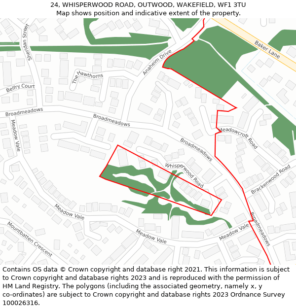 24, WHISPERWOOD ROAD, OUTWOOD, WAKEFIELD, WF1 3TU: Location map and indicative extent of plot