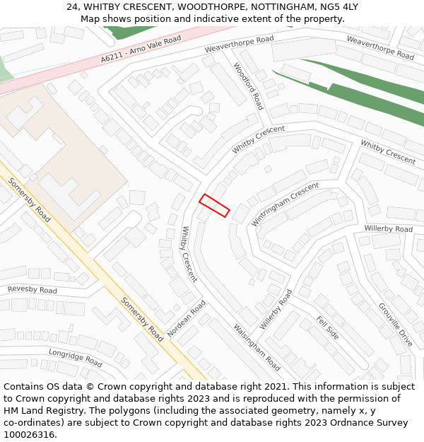 24, WHITBY CRESCENT, WOODTHORPE, NOTTINGHAM, NG5 4LY: Location map and indicative extent of plot