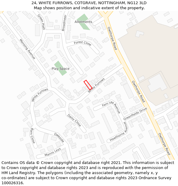 24, WHITE FURROWS, COTGRAVE, NOTTINGHAM, NG12 3LD: Location map and indicative extent of plot