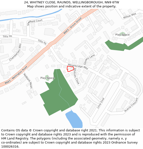 24, WHITNEY CLOSE, RAUNDS, WELLINGBOROUGH, NN9 6TW: Location map and indicative extent of plot