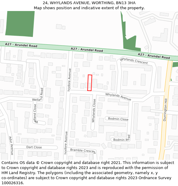 24, WHYLANDS AVENUE, WORTHING, BN13 3HA: Location map and indicative extent of plot