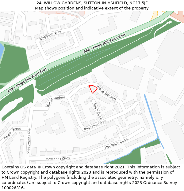 24, WILLOW GARDENS, SUTTON-IN-ASHFIELD, NG17 5JF: Location map and indicative extent of plot