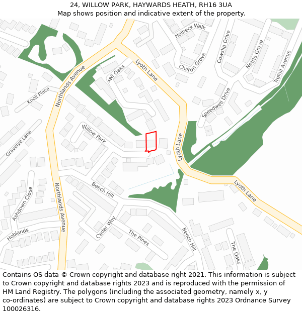 24, WILLOW PARK, HAYWARDS HEATH, RH16 3UA: Location map and indicative extent of plot