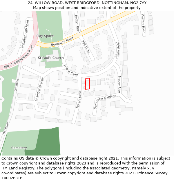 24, WILLOW ROAD, WEST BRIDGFORD, NOTTINGHAM, NG2 7AY: Location map and indicative extent of plot