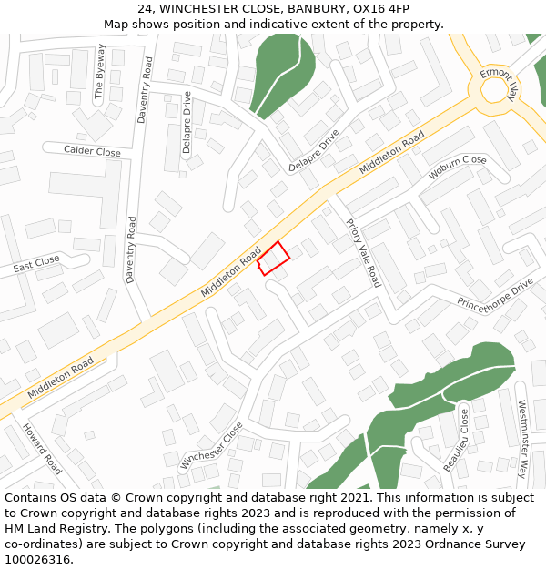 24, WINCHESTER CLOSE, BANBURY, OX16 4FP: Location map and indicative extent of plot