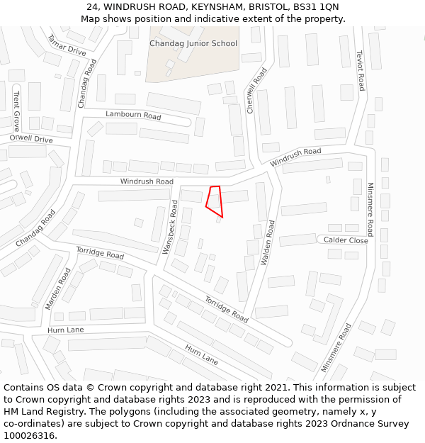 24, WINDRUSH ROAD, KEYNSHAM, BRISTOL, BS31 1QN: Location map and indicative extent of plot