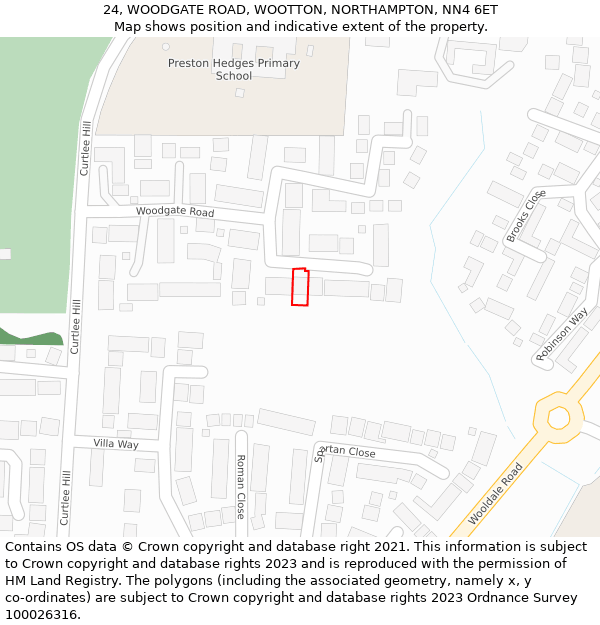 24, WOODGATE ROAD, WOOTTON, NORTHAMPTON, NN4 6ET: Location map and indicative extent of plot