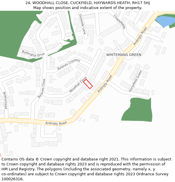 24, WOODHALL CLOSE, CUCKFIELD, HAYWARDS HEATH, RH17 5HJ: Location map and indicative extent of plot