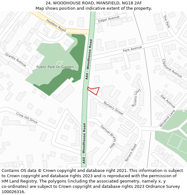 24, WOODHOUSE ROAD, MANSFIELD, NG18 2AF: Location map and indicative extent of plot