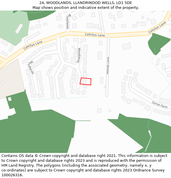 24, WOODLANDS, LLANDRINDOD WELLS, LD1 5DE: Location map and indicative extent of plot