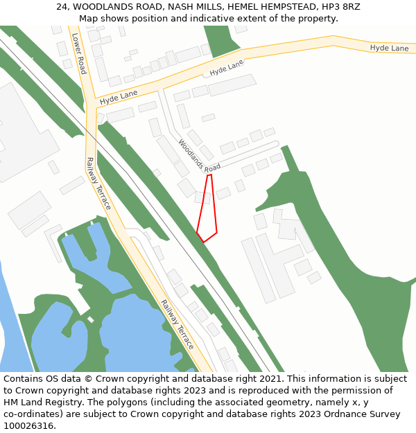 24, WOODLANDS ROAD, NASH MILLS, HEMEL HEMPSTEAD, HP3 8RZ: Location map and indicative extent of plot