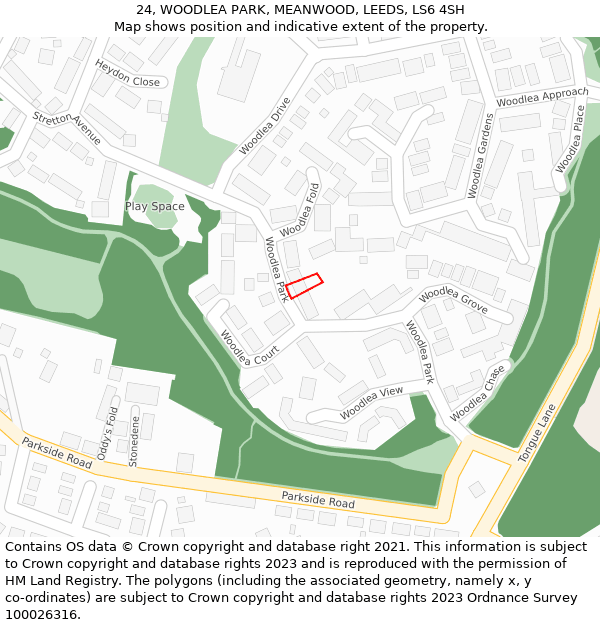 24, WOODLEA PARK, MEANWOOD, LEEDS, LS6 4SH: Location map and indicative extent of plot
