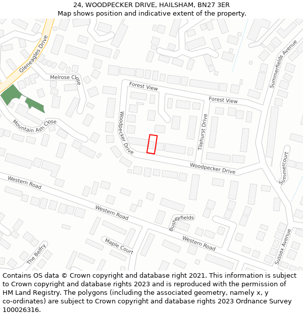 24, WOODPECKER DRIVE, HAILSHAM, BN27 3ER: Location map and indicative extent of plot