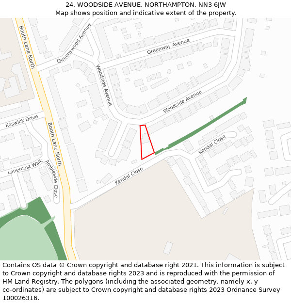 24, WOODSIDE AVENUE, NORTHAMPTON, NN3 6JW: Location map and indicative extent of plot