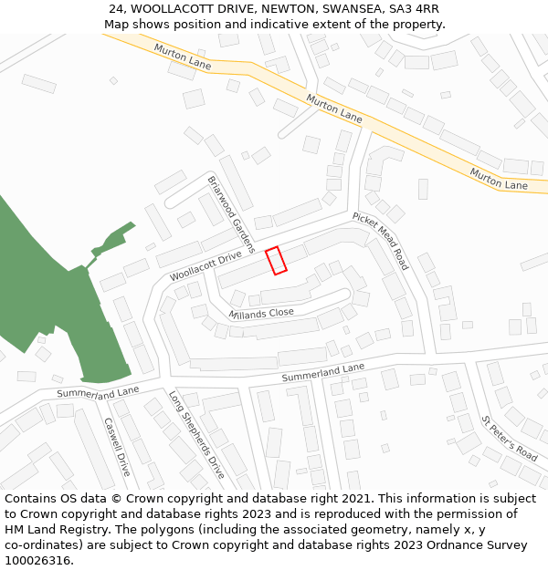 24, WOOLLACOTT DRIVE, NEWTON, SWANSEA, SA3 4RR: Location map and indicative extent of plot