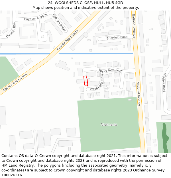 24, WOOLSHEDS CLOSE, HULL, HU5 4GD: Location map and indicative extent of plot