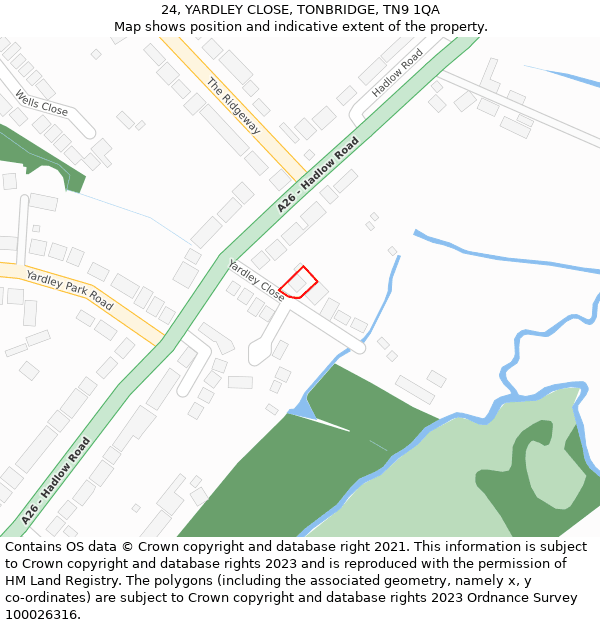 24, YARDLEY CLOSE, TONBRIDGE, TN9 1QA: Location map and indicative extent of plot