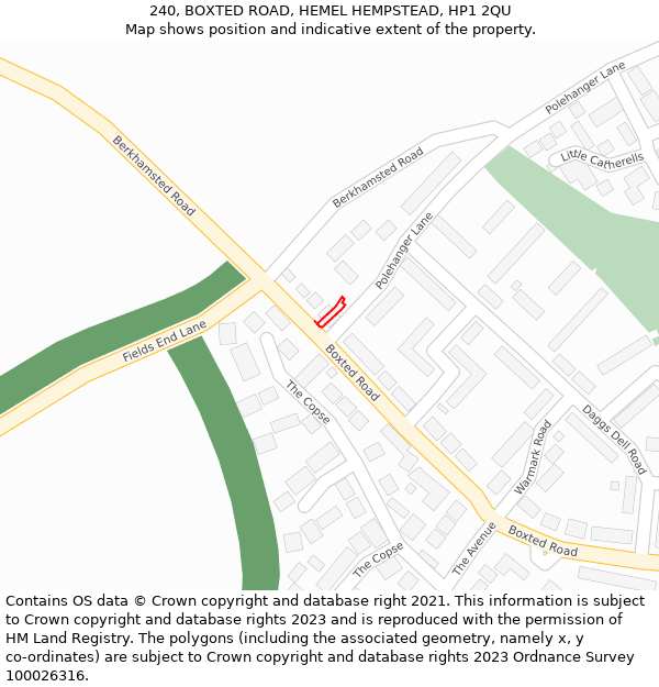 240, BOXTED ROAD, HEMEL HEMPSTEAD, HP1 2QU: Location map and indicative extent of plot