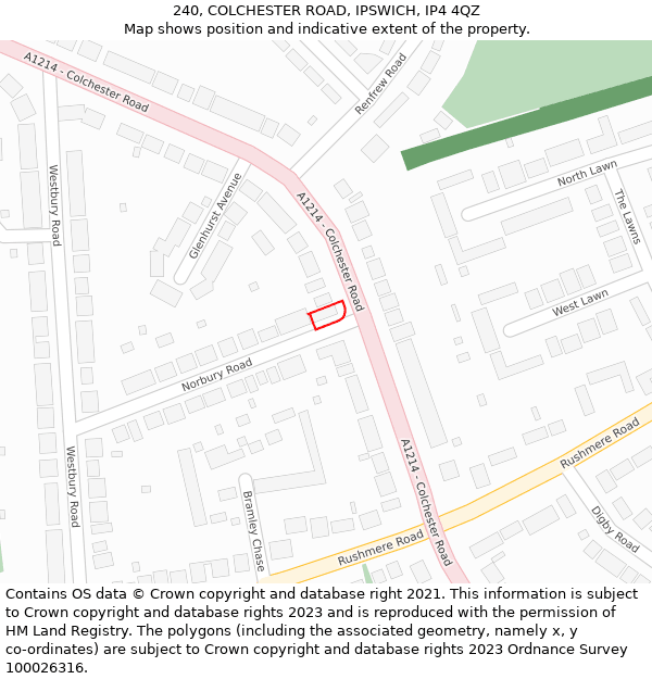 240, COLCHESTER ROAD, IPSWICH, IP4 4QZ: Location map and indicative extent of plot