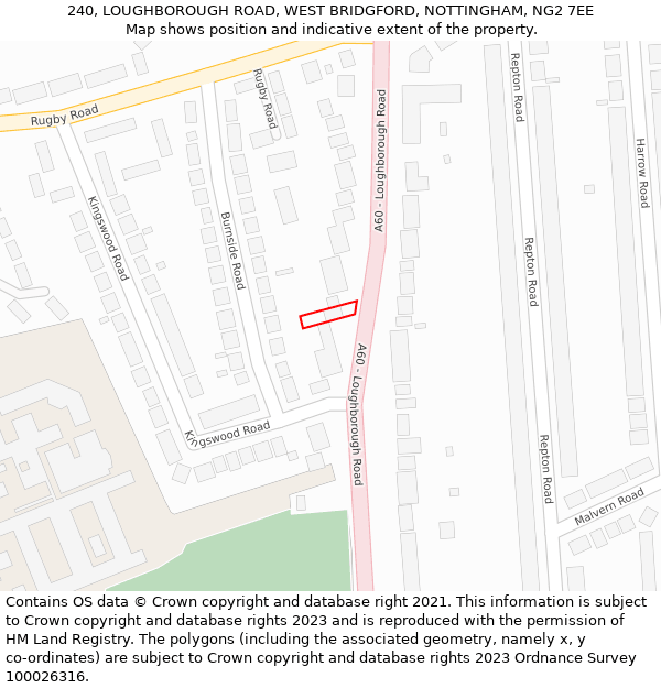 240, LOUGHBOROUGH ROAD, WEST BRIDGFORD, NOTTINGHAM, NG2 7EE: Location map and indicative extent of plot