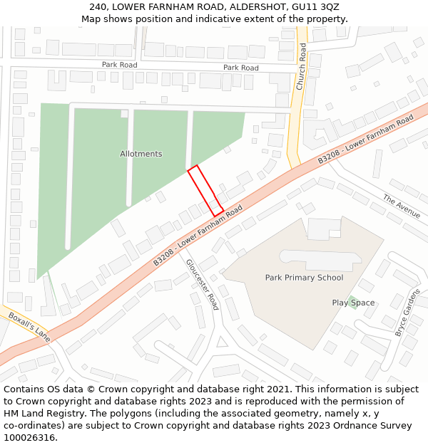 240, LOWER FARNHAM ROAD, ALDERSHOT, GU11 3QZ: Location map and indicative extent of plot