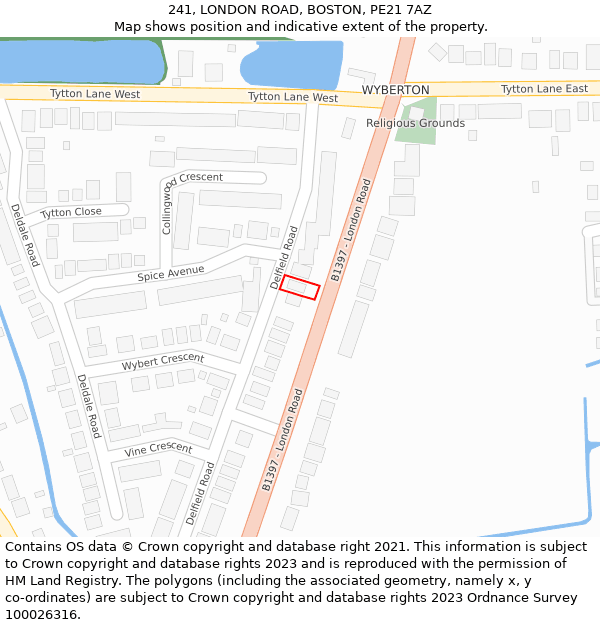 241, LONDON ROAD, BOSTON, PE21 7AZ: Location map and indicative extent of plot
