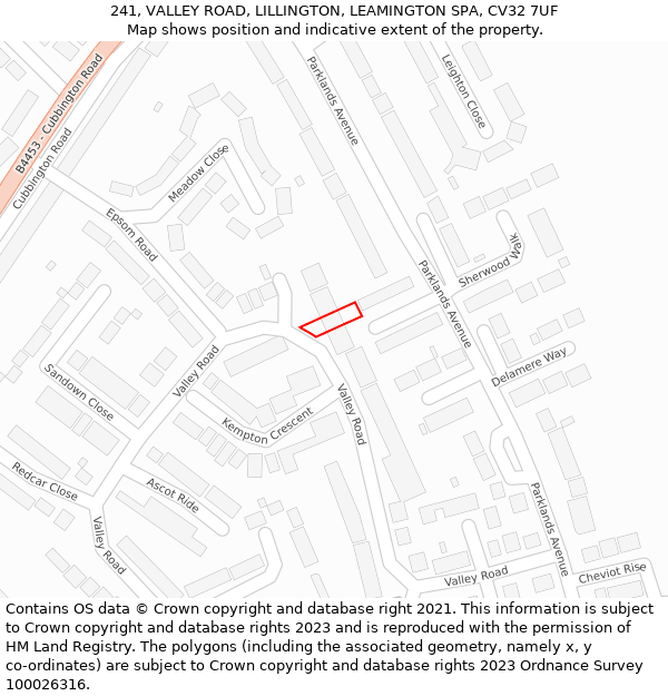 241, VALLEY ROAD, LILLINGTON, LEAMINGTON SPA, CV32 7UF: Location map and indicative extent of plot